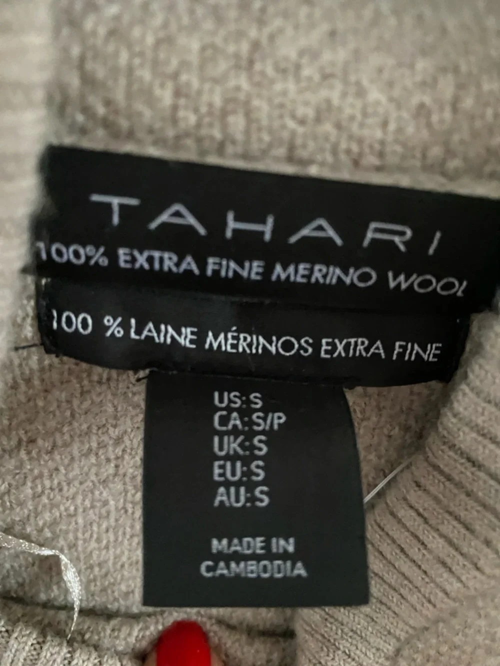 Tahari Taupe Mock Neck Sweater extra fine merino wool waffle wrap shawl collar - Picture 2 of 4